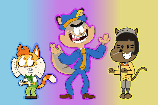 Art styles: Fairly OddParents, Chowder, Wow! Wow! Wubbzy! Software: Krita Twitter link ⬈ "Cursed Cartoon Crossover Crime Cats" Style swap art for fun. Characters from Lackadaisy.