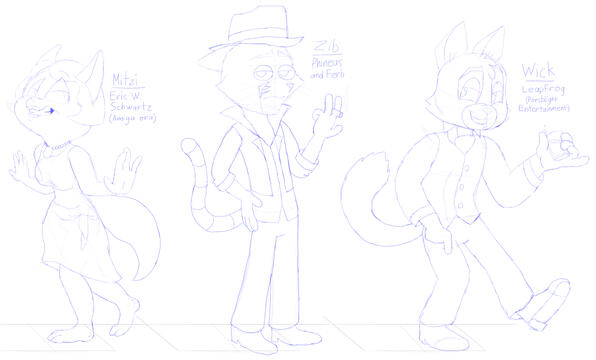Art styles: Listed beside drawings Software: Krita Rough sketches for an unfinished sequel to "Cursed Cartoon Crossover Crime Cats". The characters are from Lackadaisy.